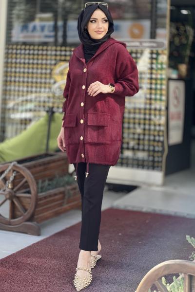 Angora cepli kapşonlu cepli hırka  Bordo