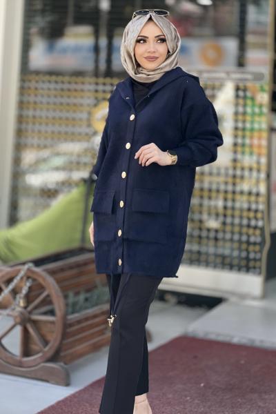 Angora cepli kapşonlu cepli hırka  Lacivert