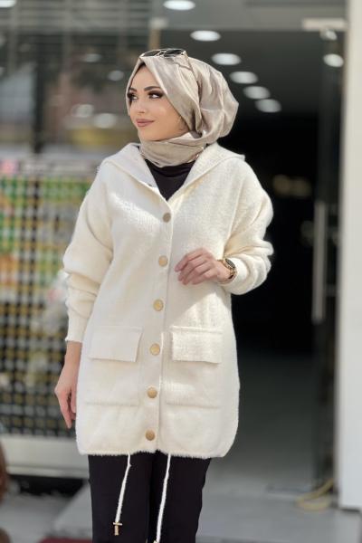 Angora cepli kapşonlu cepli hırka  Krem