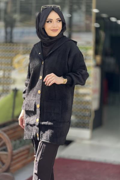 Angora cepli kapşonlu cepli hırka  Siyah