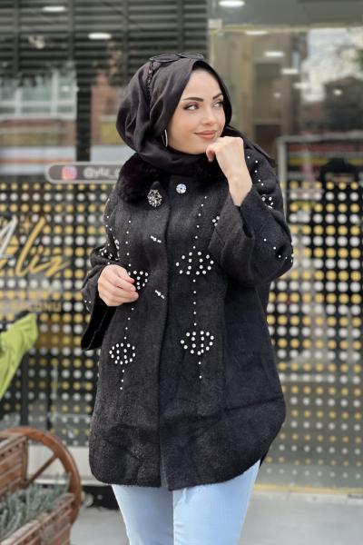 Angora şık kısa kaban Siyah