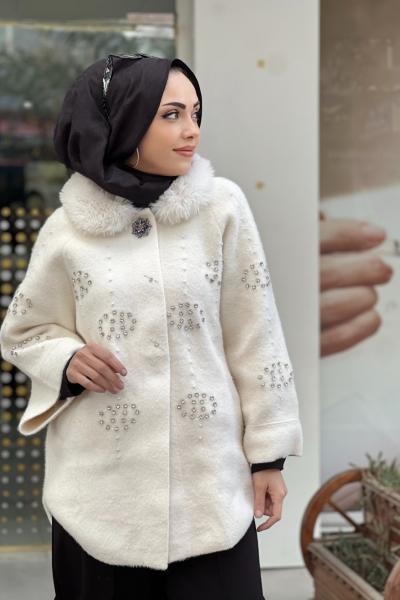 Angora şık kısa kaban Taş Rengi