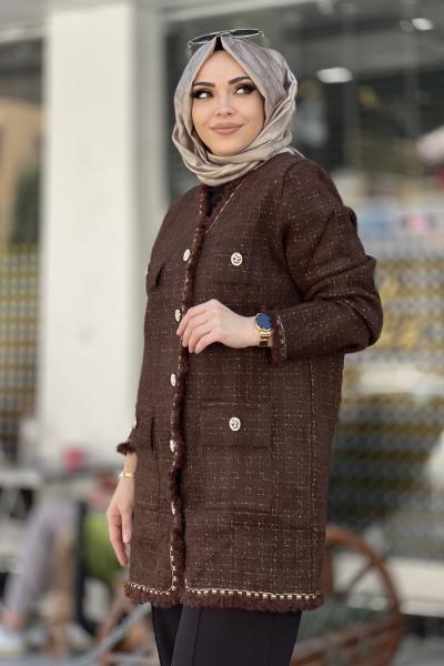 ANGORA SİM VE PÜSKÜL DETAYLI UZUN HIRKA  Kahverengi