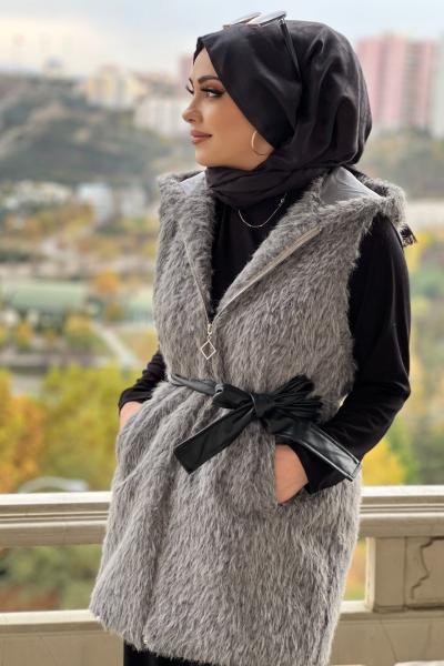 DERİ KEMERLİ KÜRK YELEK  Gri