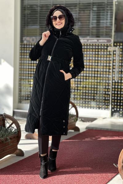 DOQUE ANORAK kaban yandan 3 düğmeli kapşon kürklü Siyah