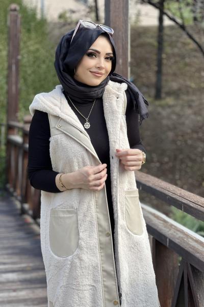 DUAMİSS DERİ DETAYLI PELUŞ YELEK Krem