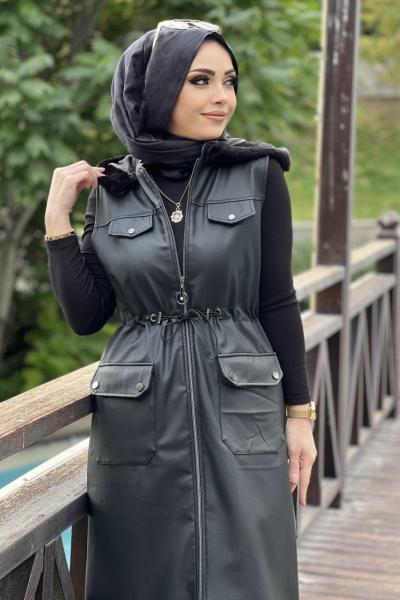 DUAMİSS SİYAH DERİ YELEK  Siyah