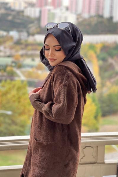 DÜĞME DETAYLI ANGORA KAP  Kahverengi