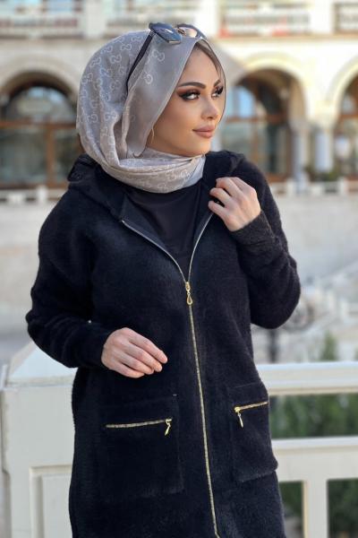 FERMUARLI YUMOŞ İPLİK HIRKA  Siyah