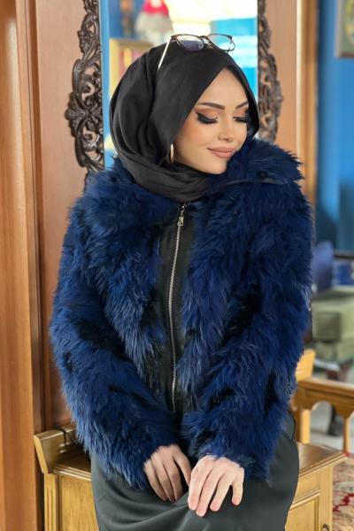 FERMUARLI KISA KÜRK  Mavi