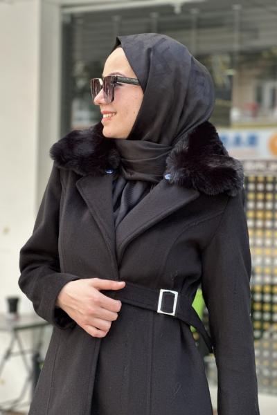 Freemod yakası kürklü beli kemerli kaban Siyah