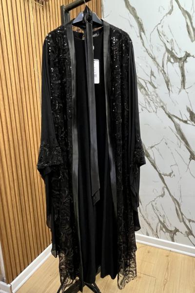 GAZELLA İŞLEME TAŞ DETAYLI ABAYA  Siyah