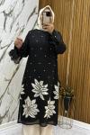 GAZZELLA ÇİÇEK DESENLİ  KETEN TAKIM  Siyah