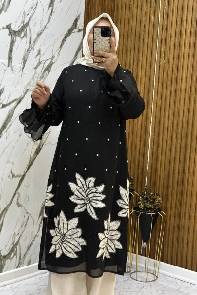 GAZZELLA ÇİÇEK DESENLİ  KETEN TAKIM  Siyah