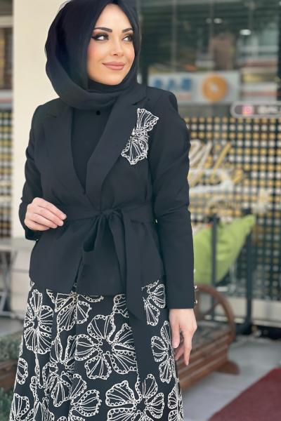 GAZZELLA ÇİÇEK İŞLEMELİ ETEKLİ TAKIM  Siyah