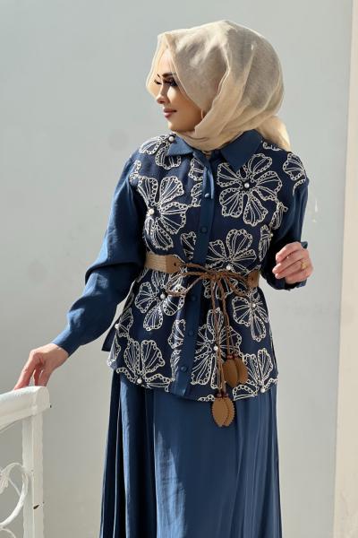 GAZZELLA İNCİ İŞLEMELİ CUPRA ETEKLİ TAKIM  Mavi