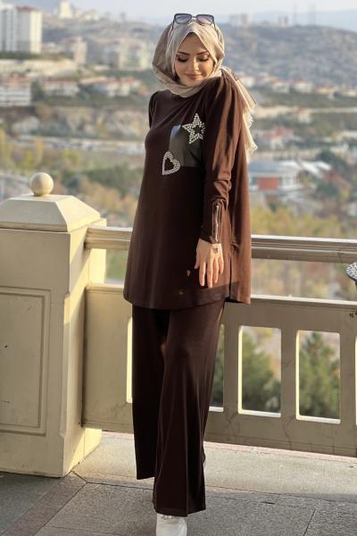 GAZZELLA BROŞLU ÖRME TAKIM  Kahverengi