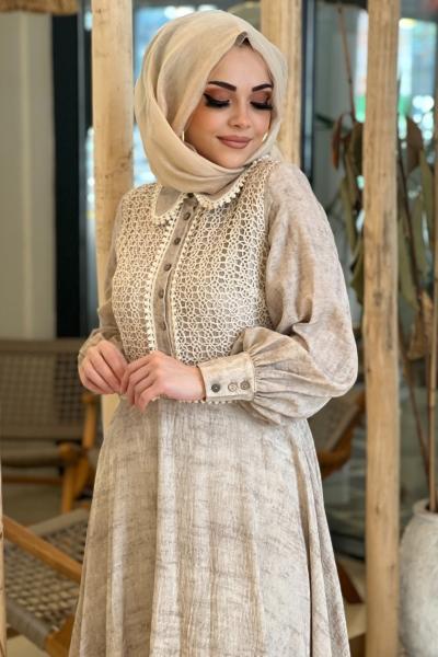 GAZZELLA BEBE YAKA DANTELLİ ELBİSE  Bej