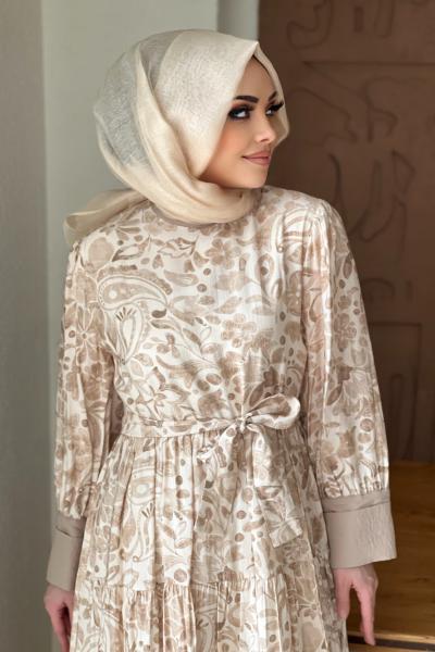 GAZZELLA ETNİK DESEN ELBİSE  Bej