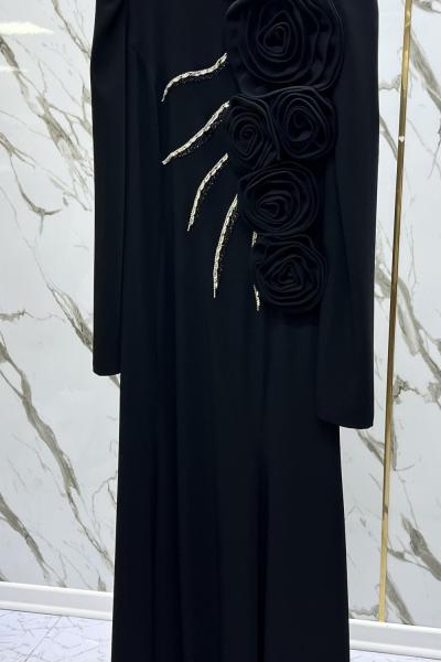 GAZZELLA GÜL BROŞLU TAŞ İŞLEMELİ ABİYE  Siyah