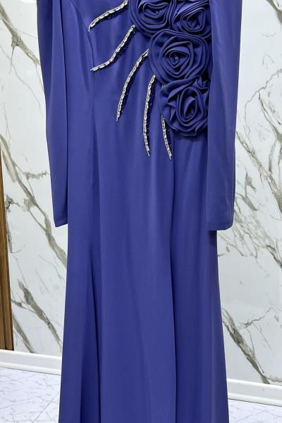 GAZZELLA GÜL BROŞLU TAŞ İŞLEMELİ ABİYE  Mavi