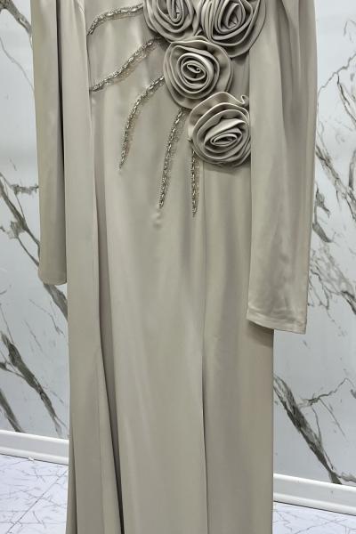 GAZZELLA GÜL BROŞLU TAŞ İŞLEMELİ ABİYE  Krem