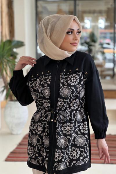 GAZZELLA KUŞ GÖZÜ DETAYLI KETEN GÖMLEK Siyah