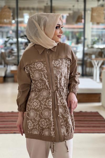 GAZZELLA KUŞ GÖZÜ DETAYLI KETEN GÖMLEK Vizon