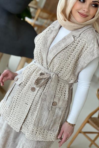 GAZZELLA OMUZ KEMERLİ KISA YELEK  Taş Rengi