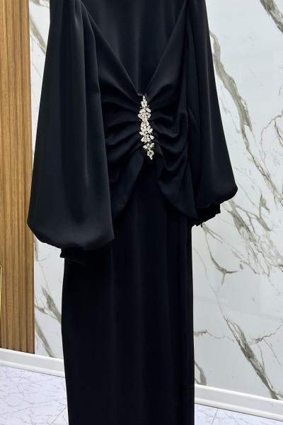 GAZZELLA ORTASI BROŞLU DRAPELİ ABİYE  Siyah