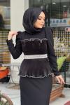 GAZZELLA PİLİSELİ DRAPELİ TAŞ KEMERLİ ABİYE  Siyah