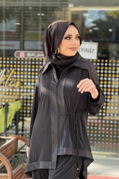 GAZZELLA YAKMA DERİ DETAYLI MODAL CUPRA TAKIM Siyah