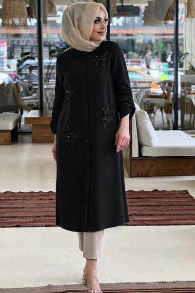 GAZZELLA ZAMBAK İŞLEMELİ KETEN GÖMLEK  Siyah