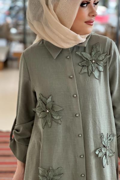 GAZZELLA ZAMBAK İŞLEMELİ KETEN GÖMLEK  Yeşil