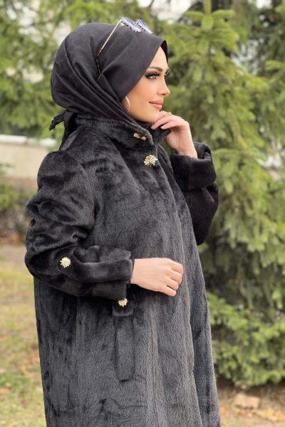 GOLD DÜĞMELİ ANGORA KABAN  Siyah