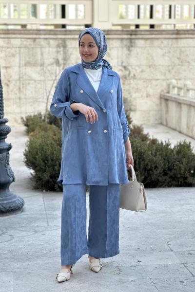 İthal ipek Jakarlı kumaş ceketli takım Açık Mavi
