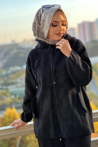 KAPÜŞONLU CEP GÖRÜNÜMLÜ HIRKA  Siyah
