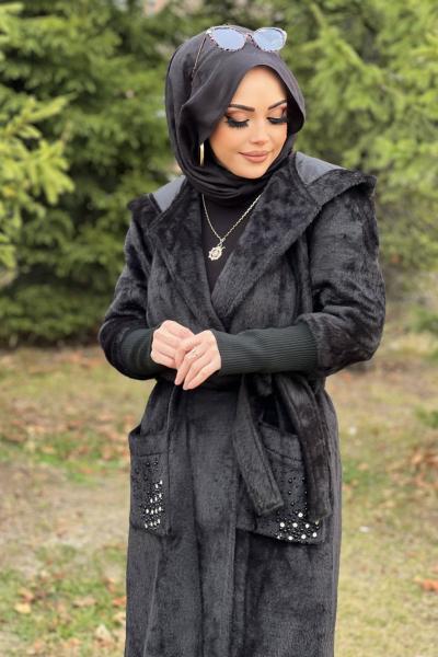 KAPÜŞONLU ANGORA KABAN  Siyah
