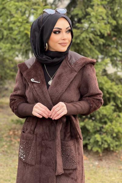 KAPÜŞONLU ANGORA KABAN  Kahverengi