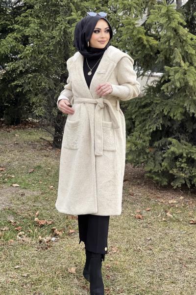 KAPÜŞONLU ANGORA KABAN  Krem