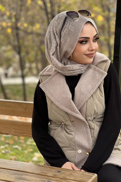 KAŞE DETAYLI ŞİŞME YELEK  Taş Rengi