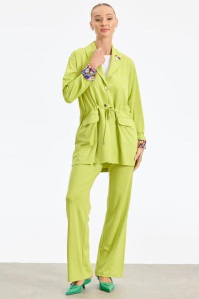 KOL DUBLESİ KOMBİNLİ BROŞ DETAYLI TAKIM  Yağ Yeşili