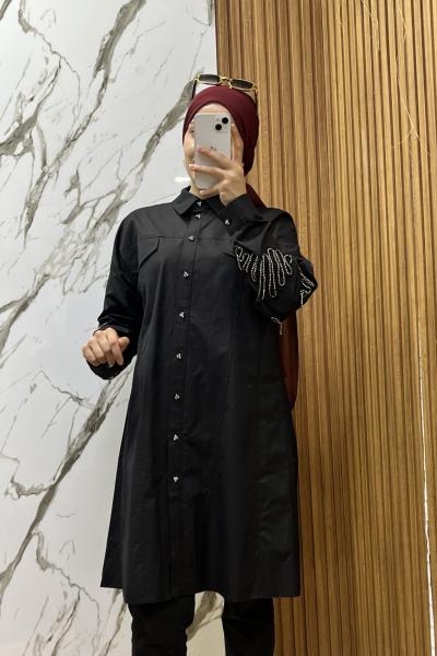 KOLLARI TAŞLI POPLİN GÖMLEK  Siyah