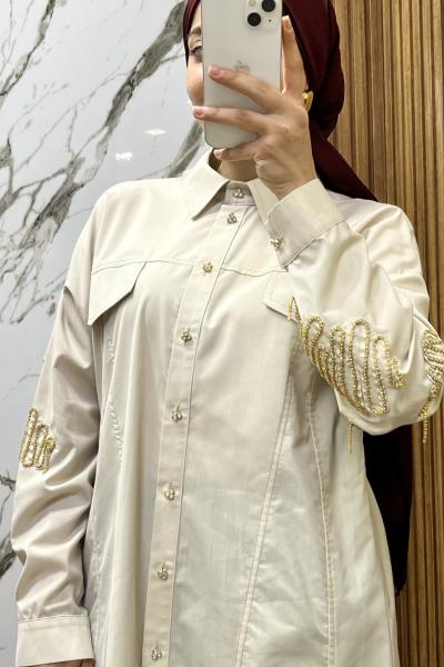 KOLLARI TAŞLI POPLİN GÖMLEK  Krem