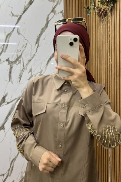 KOLLARI TAŞLI POPLİN GÖMLEK  Sütlü Kahve