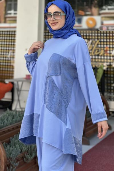 KRAŞ KOMBİNLİ ASİMETRİK SÜS CEPLİ TAKIM BUZ MAVİSİ