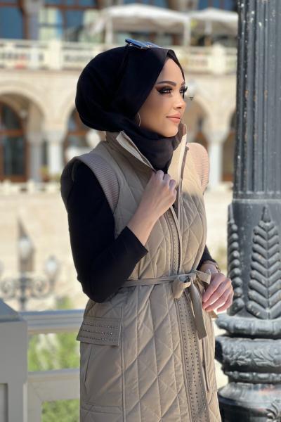 KREM ANORAK KUMAŞ YAKMA DESEN ŞİŞME YELEK  Krem