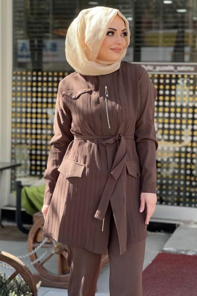 KREM FERMUAR DETAYLI MODAL CUPRA TAKIM  Acı Kahve