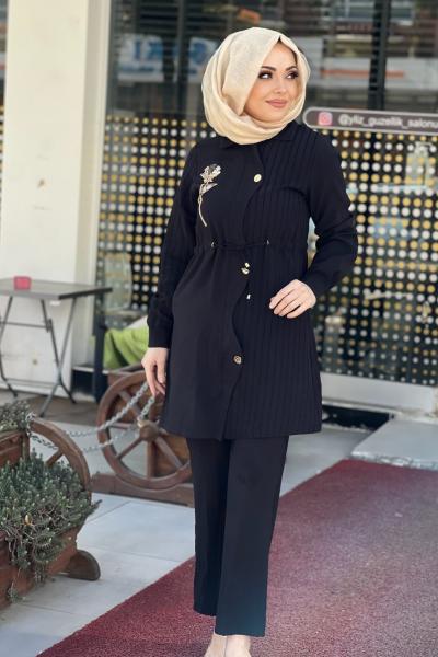 KREM GÜL BROŞLU MODAL CUPRA TAKIM  Siyah