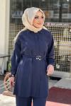 KREM İPEK CUPRA TAŞ İŞLEMELİ TAKIM  Lacivert